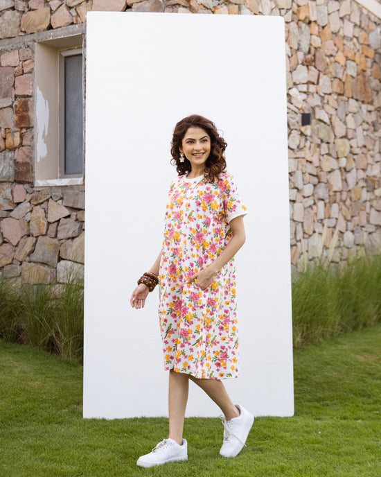Hand-block printed oversized cotton-modal T-shirt with Lycra – super comfortable for daily wear.