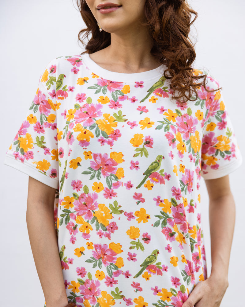 Hand-block printed oversized cotton-modal T-shirt with Lycra – super comfortable for daily wear.