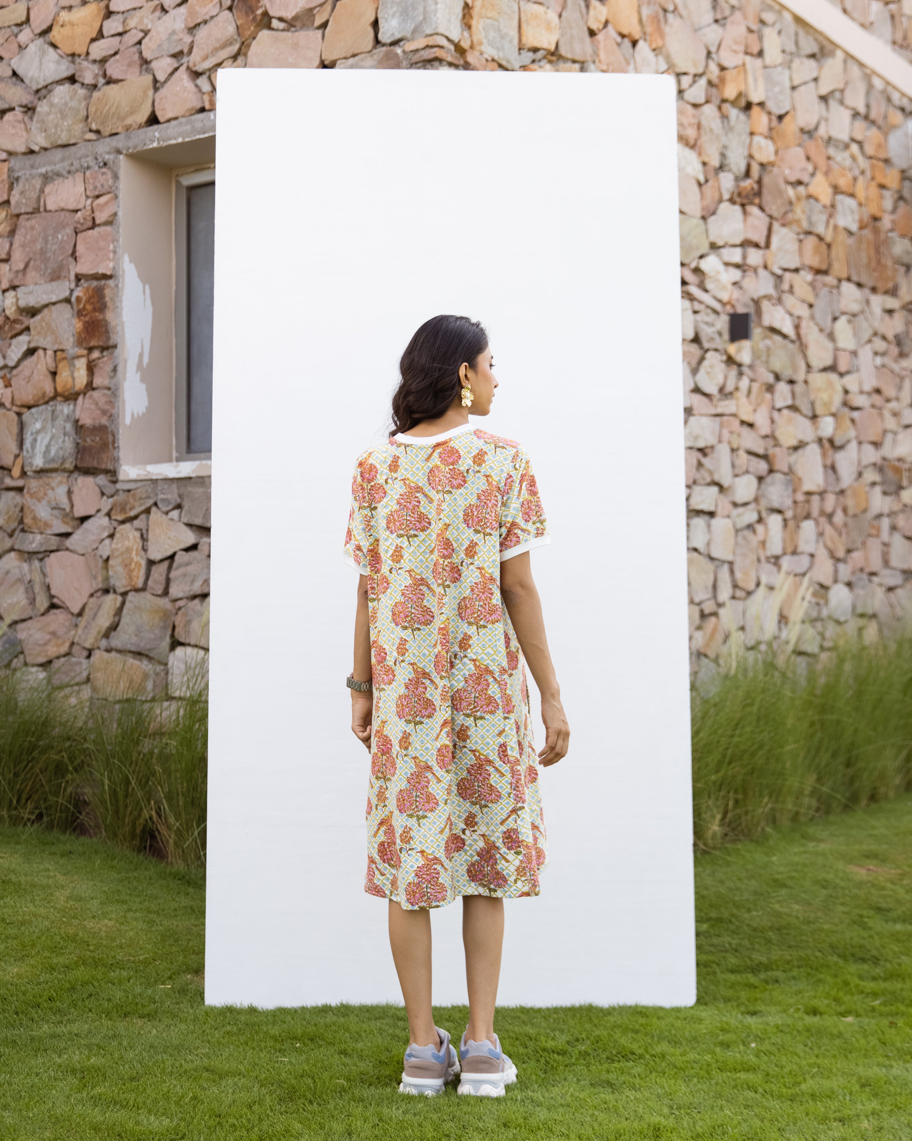 Hand-block printed oversized cotton-modal T-shirt with Lycra – super comfortable for daily wear.