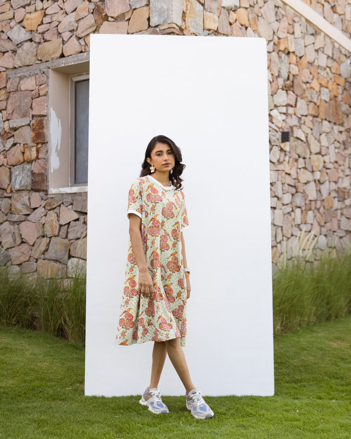 Hand-block printed oversized cotton-modal T-shirt with Lycra – super comfortable for daily wear.
