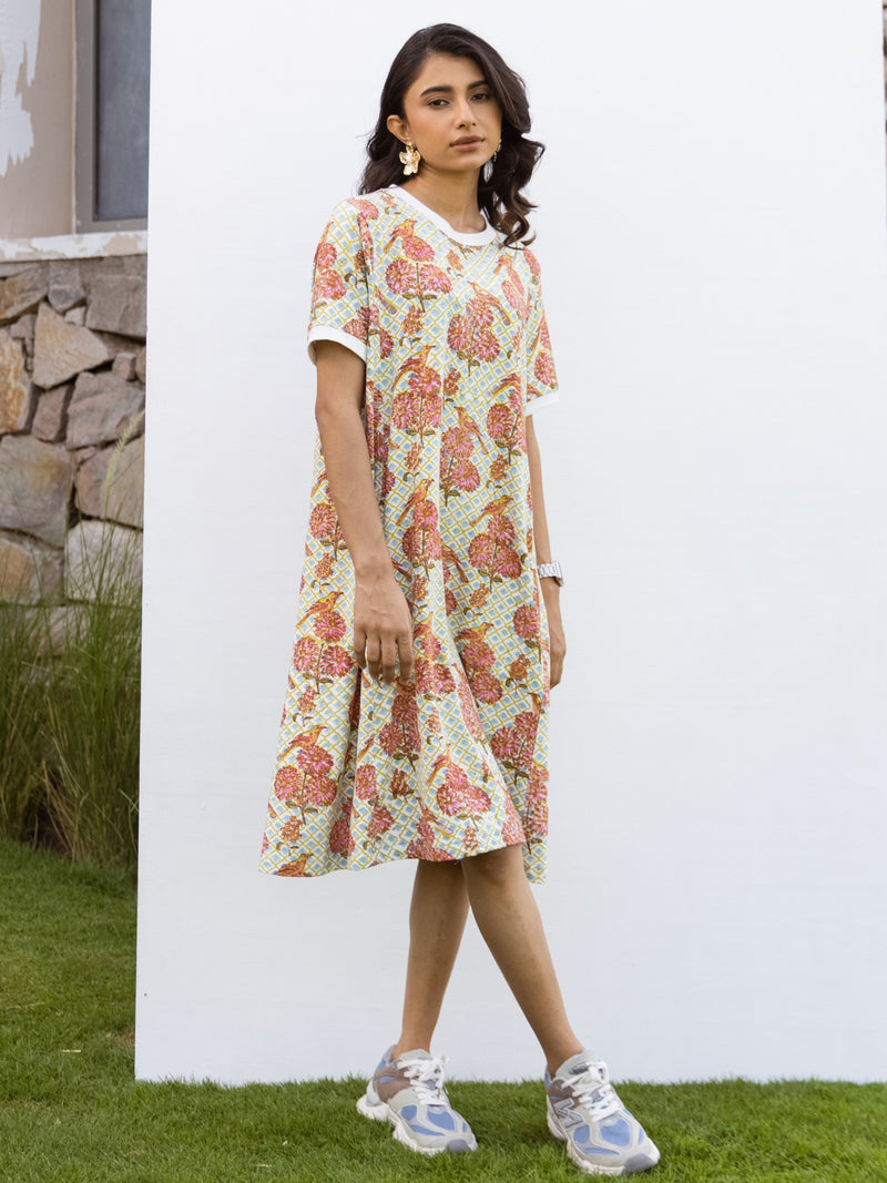 Hand-block printed oversized cotton-modal T-shirt with Lycra – super comfortable for daily wear.