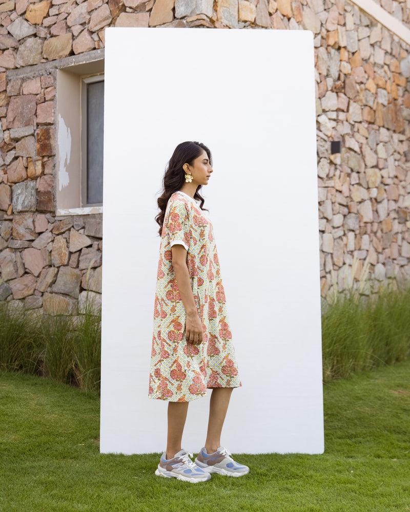 Hand-block printed oversized cotton-modal T-shirt with Lycra – super comfortable for daily wear.