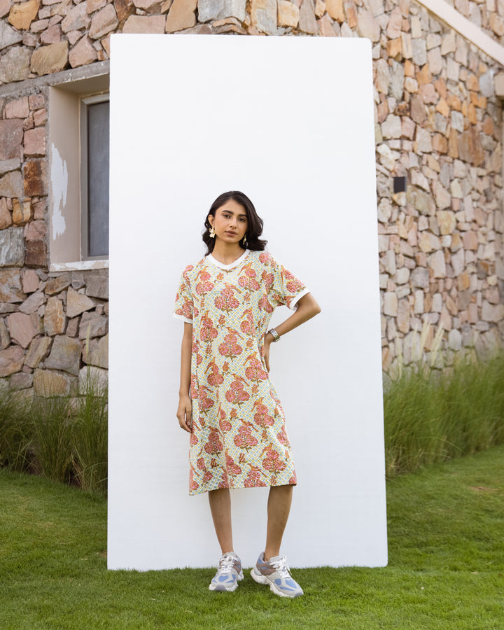 Hand-block printed oversized cotton-modal T-shirt with Lycra – super comfortable for daily wear.