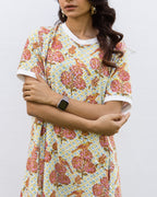 Hand-block printed oversized cotton-modal T-shirt with Lycra – super comfortable for daily wear.