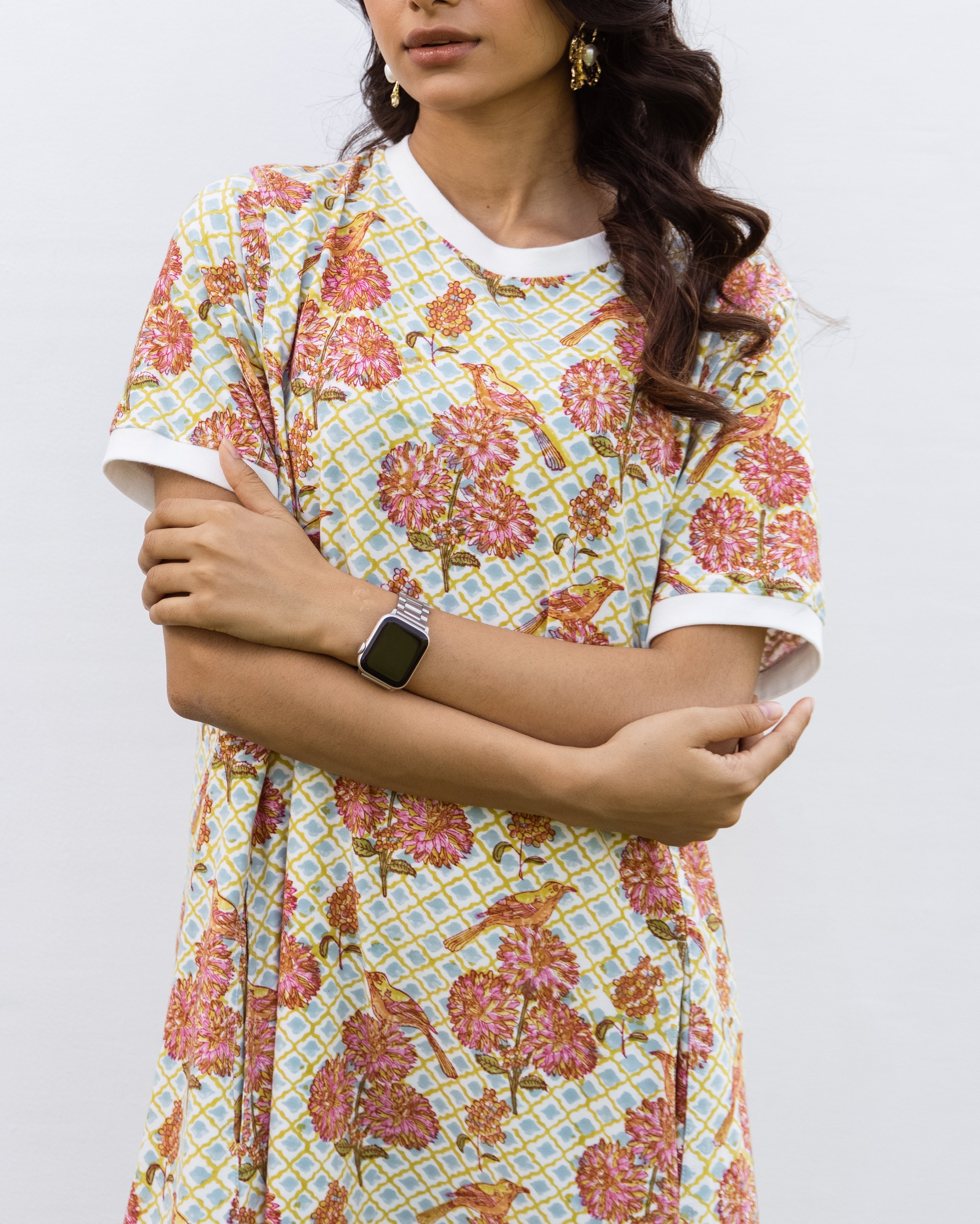 Hand-block printed oversized cotton-modal T-shirt with Lycra – super comfortable for daily wear.