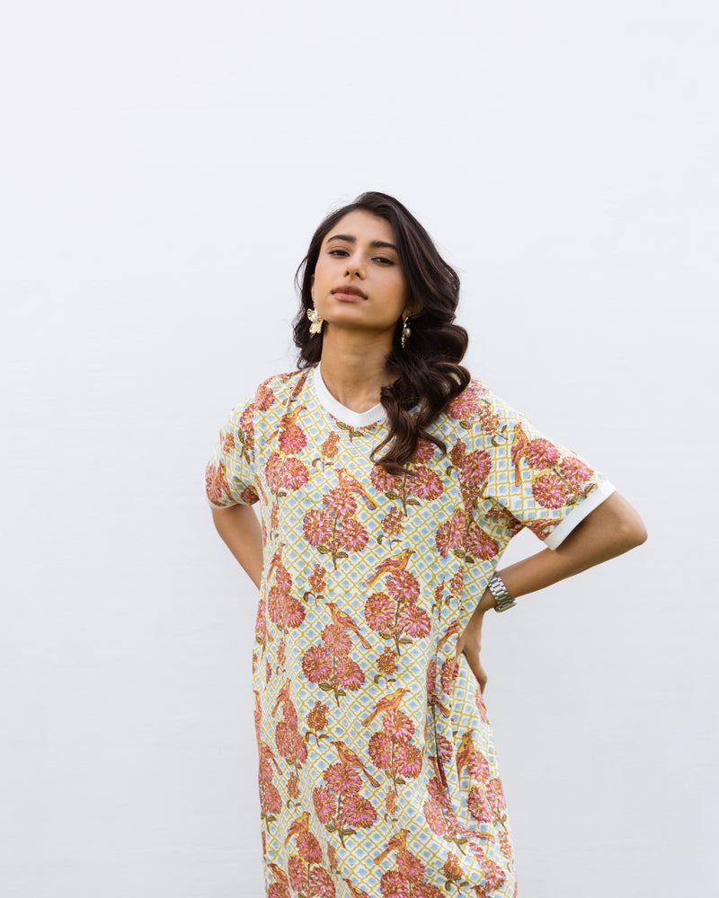 Hand-block printed oversized cotton-modal T-shirt with Lycra – super comfortable for daily wear.