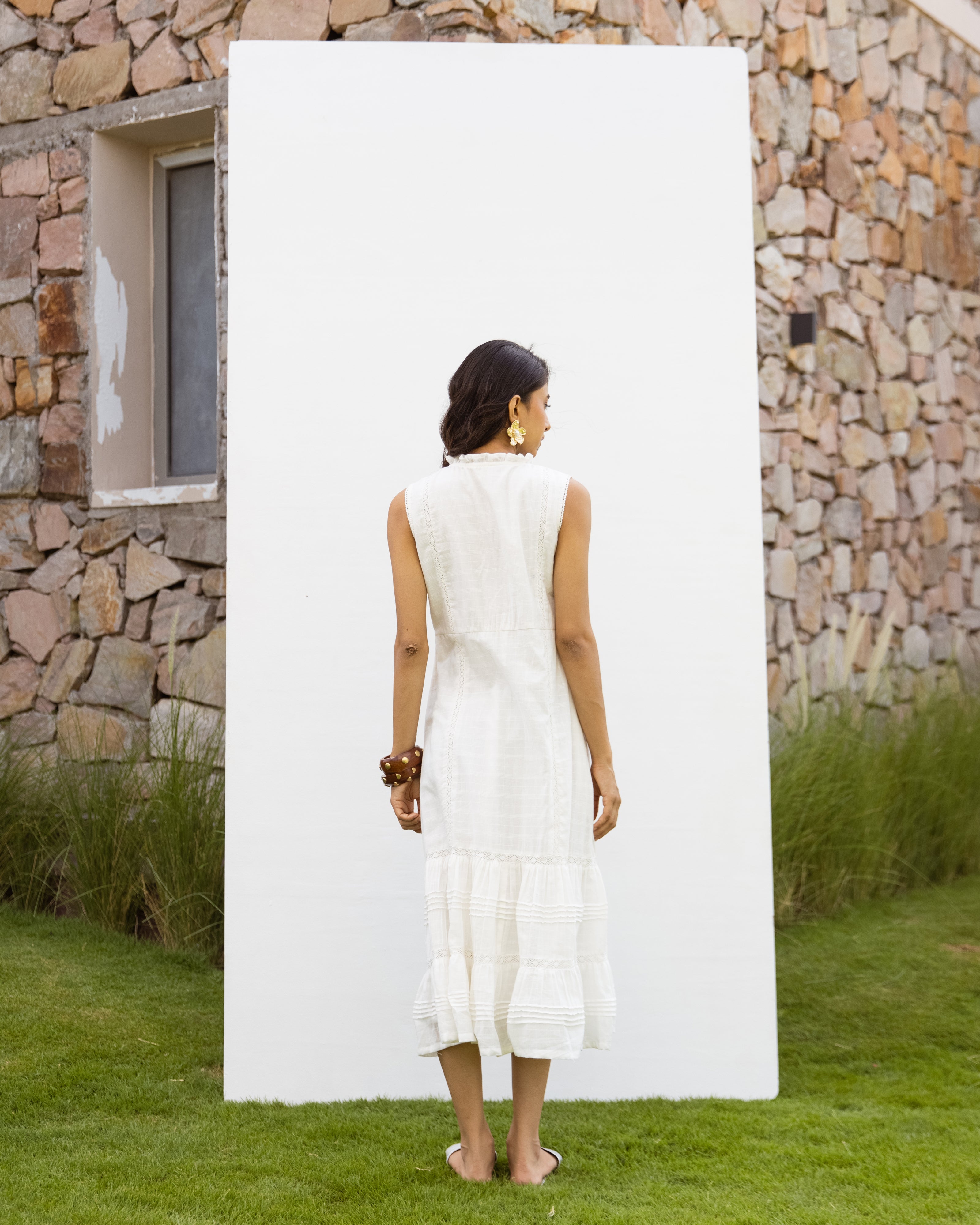 White Cotton Dobby Dress For Women's