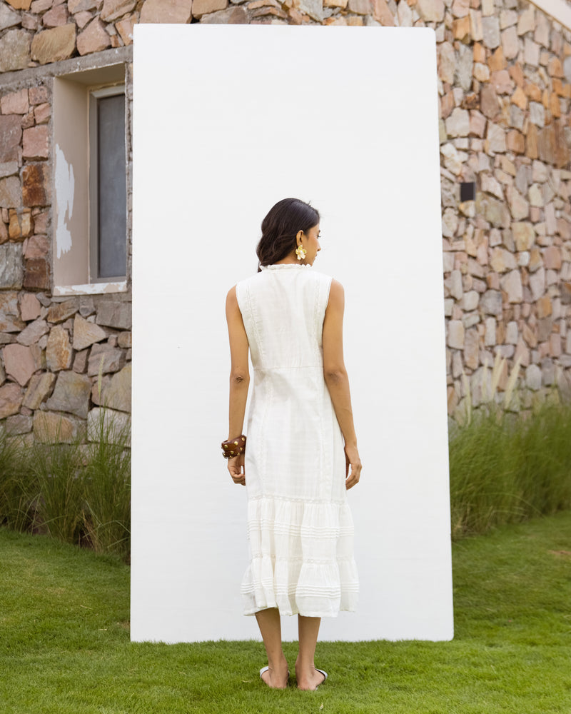 White Cotton Dobby Dress For Women's