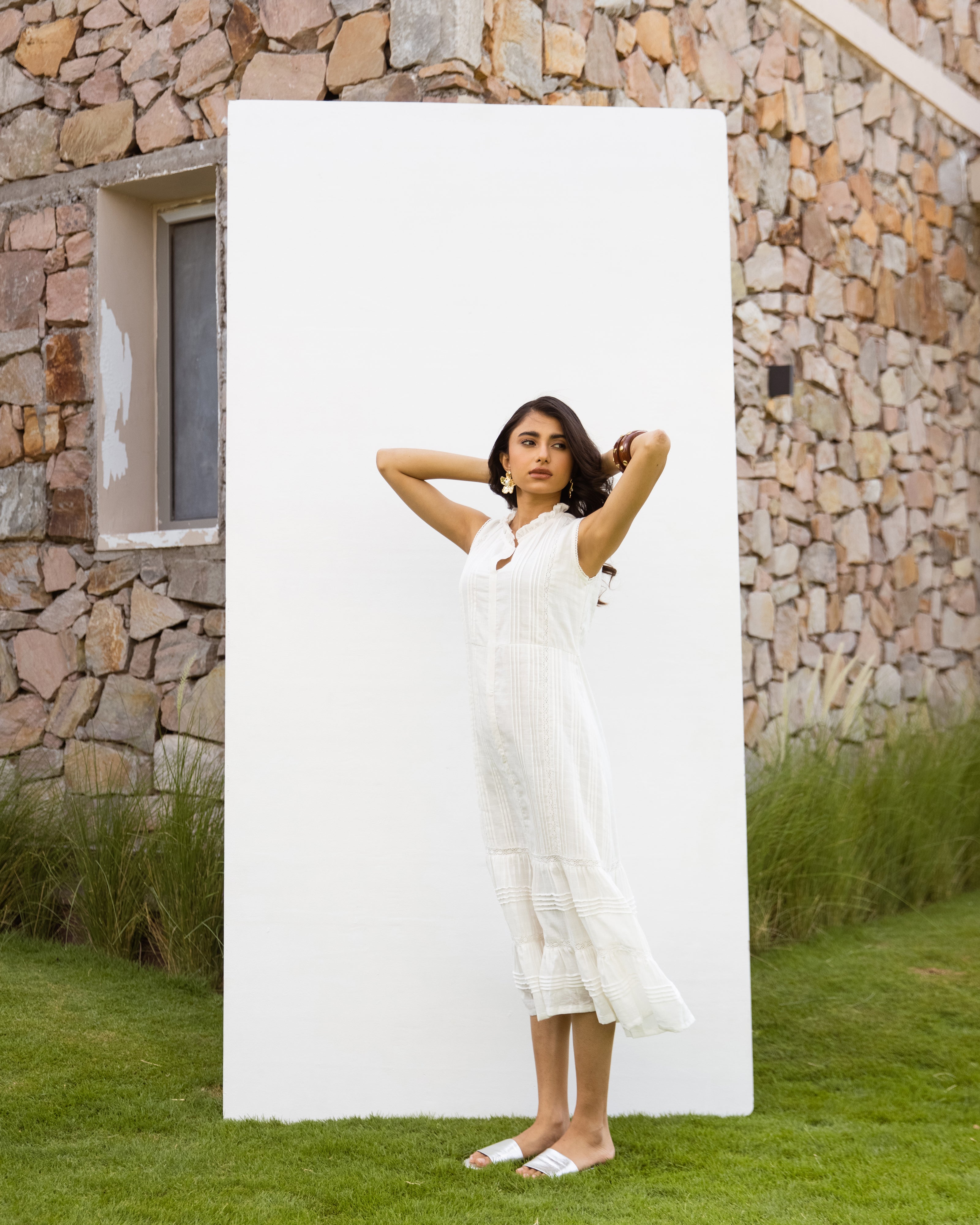 White Cotton Dobby Dress For Women's