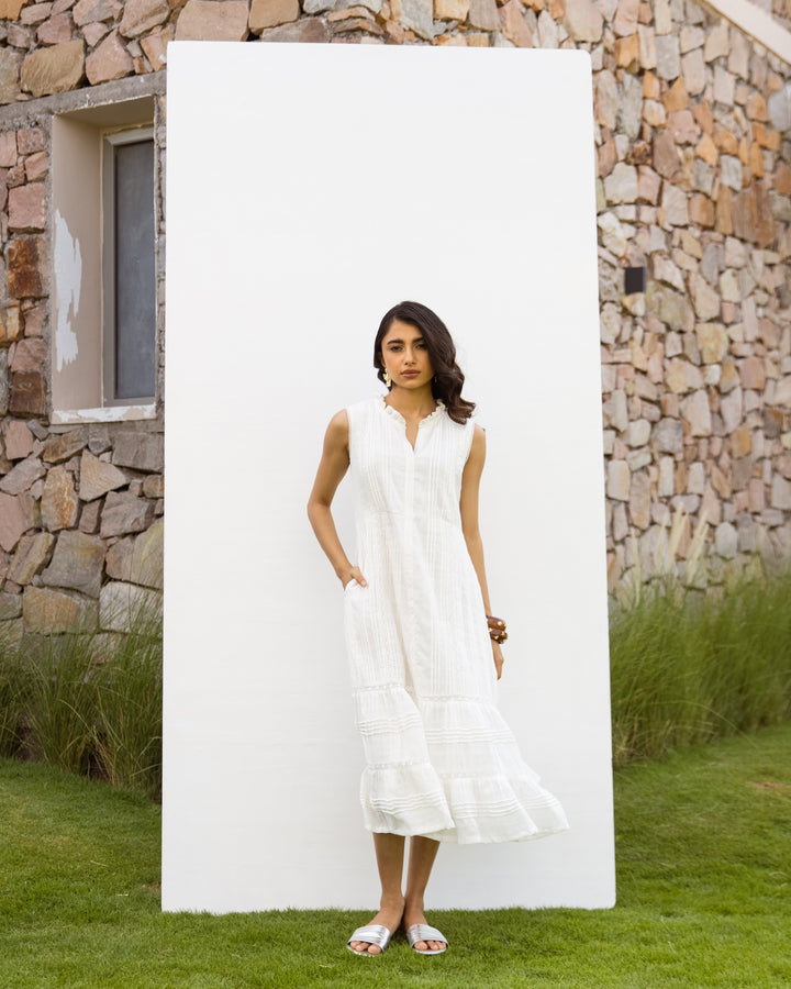 White Cotton Dobby Dress For Women's