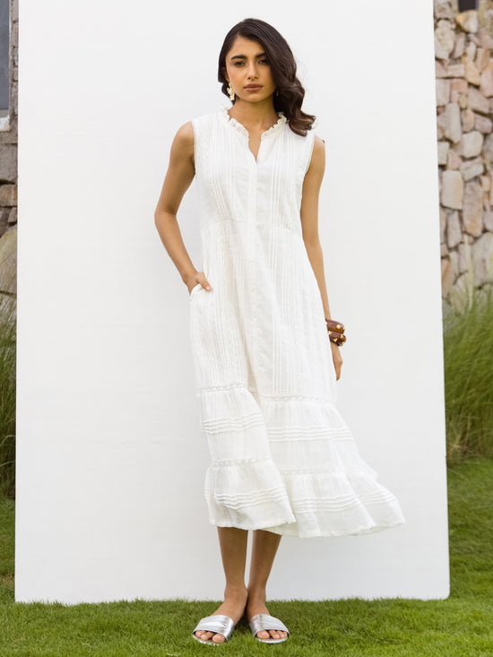 White Cotton Dobby Dress For Women's