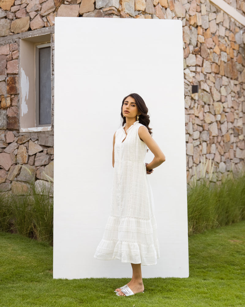 White Cotton Dobby Dress For Women's