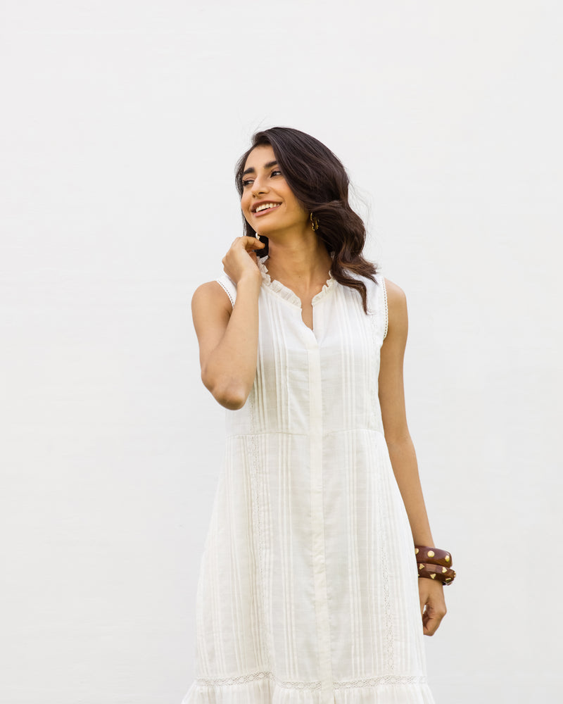 White Cotton Dobby Dress For Women's