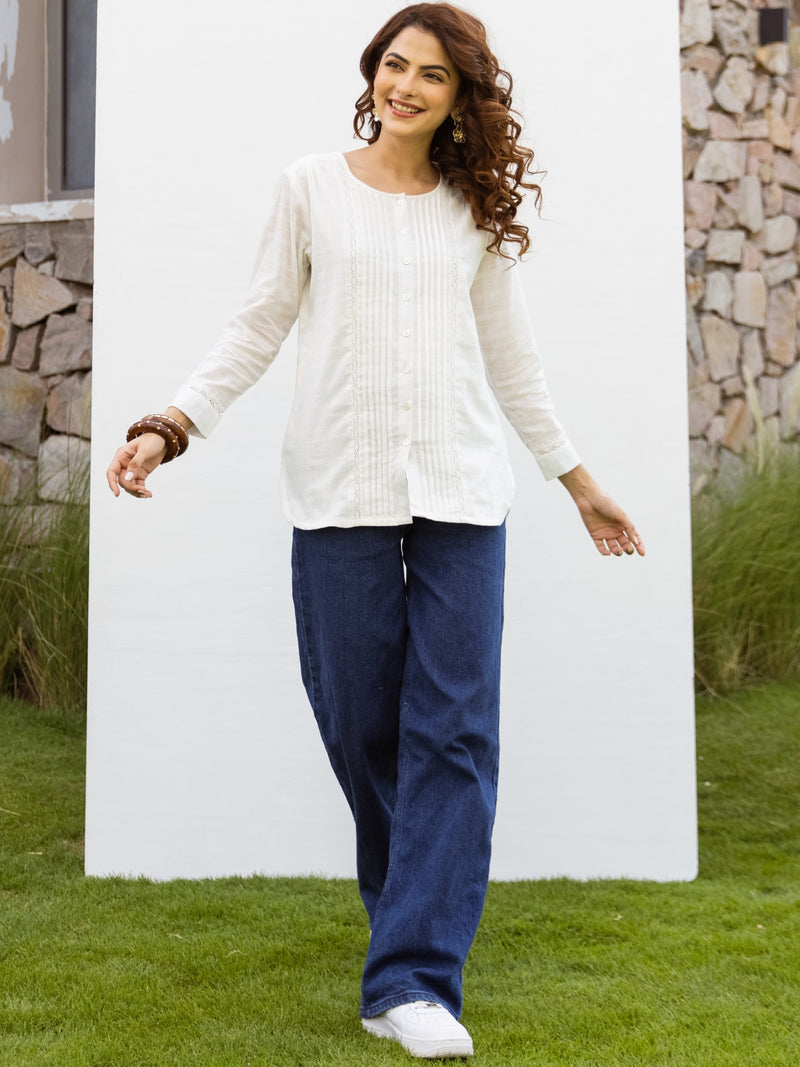 Off-White Cotton Dobby Short Top For Women's