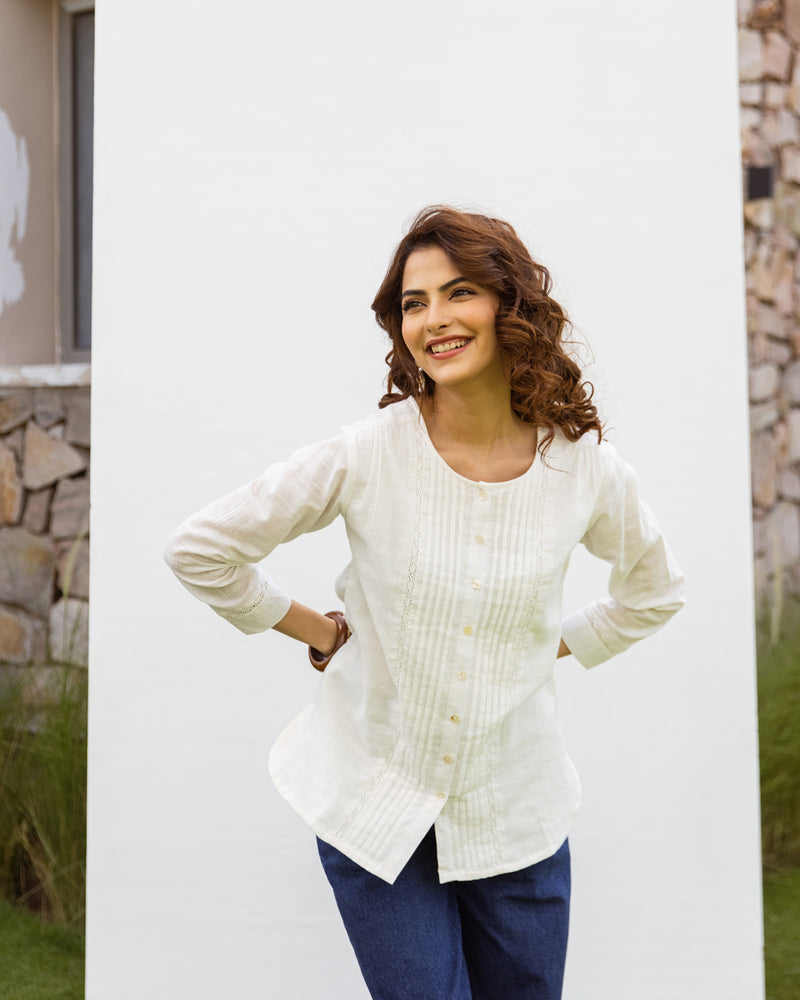 Off-White Cotton Dobby Short Top For Women's