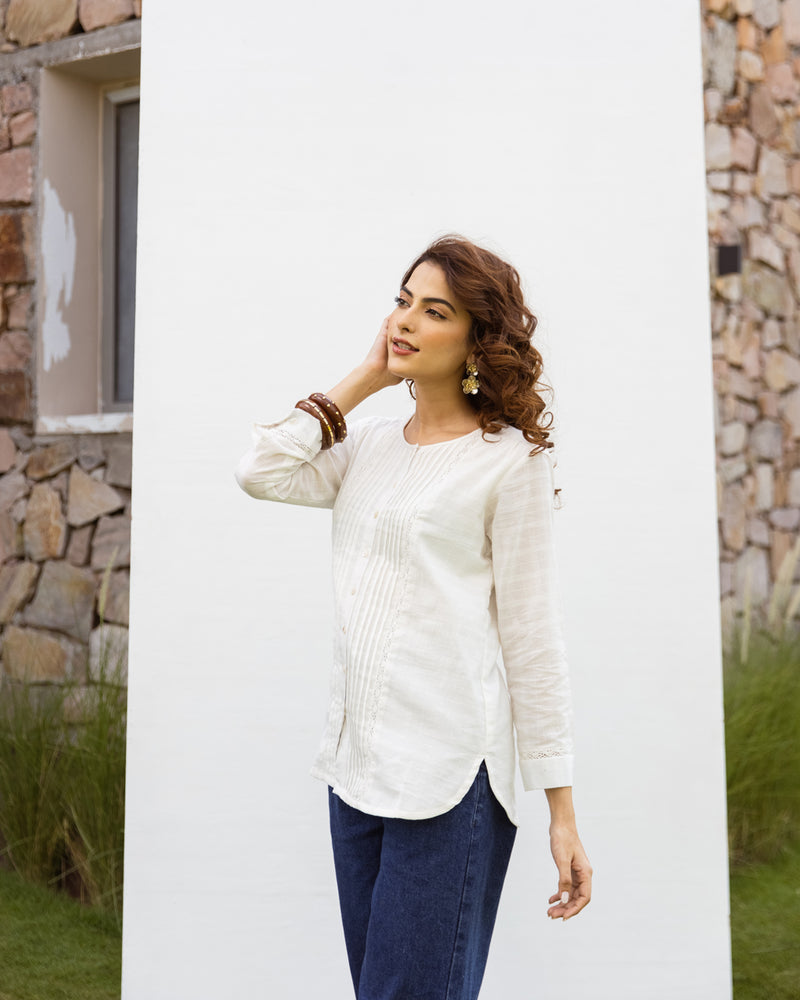 Off-White Cotton Dobby Short Top For Women's