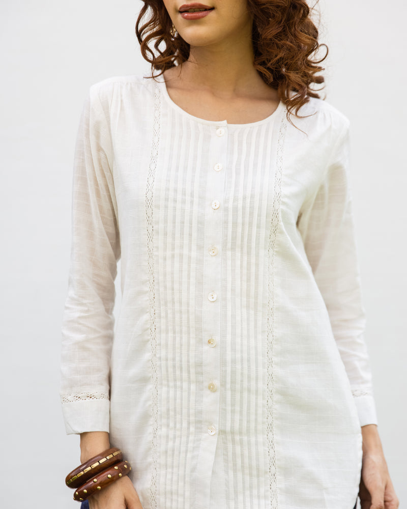 Off-White Cotton Dobby Short Top For Women's