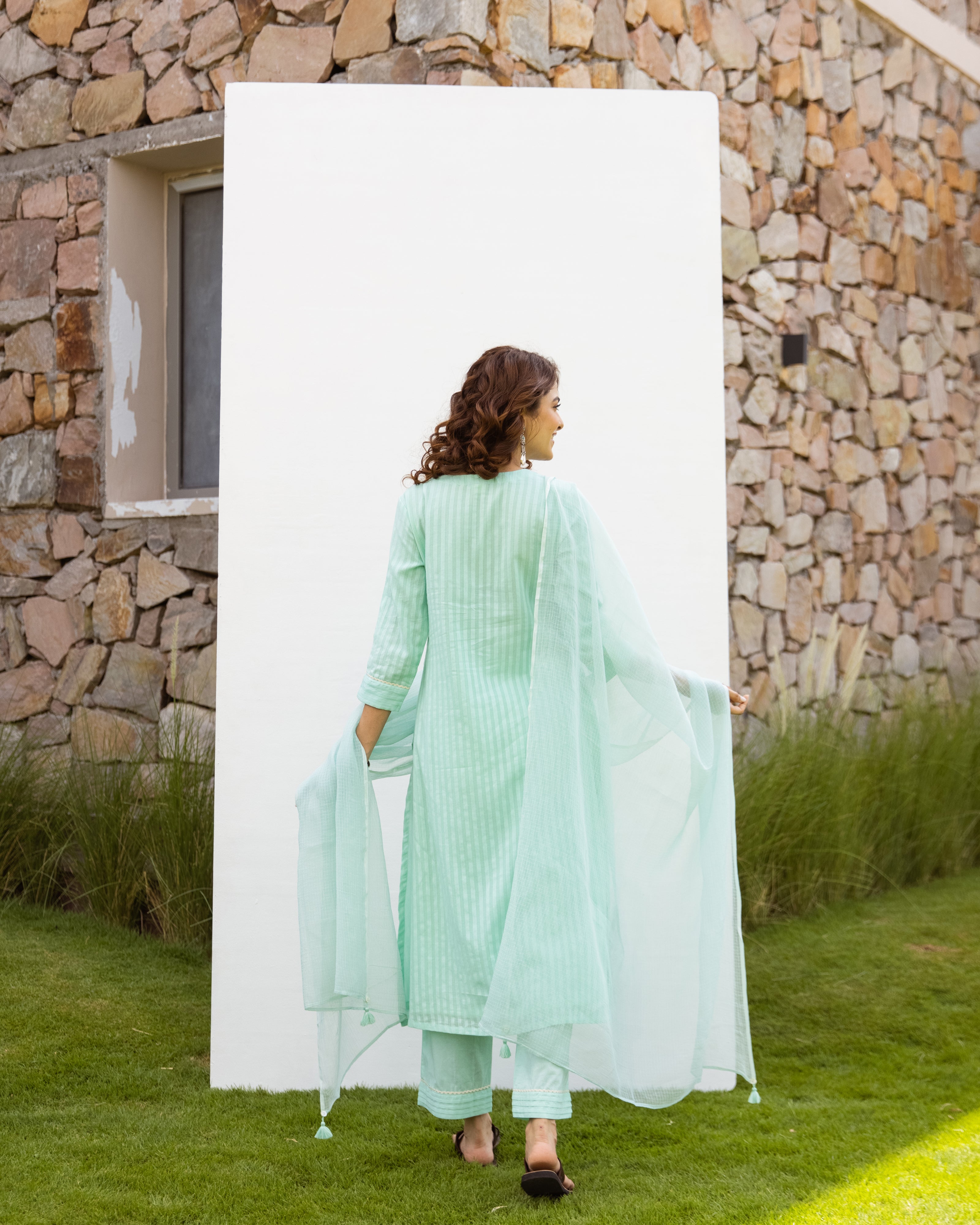 Mint Green Cotton Dobby Complete Suit Set For Women's