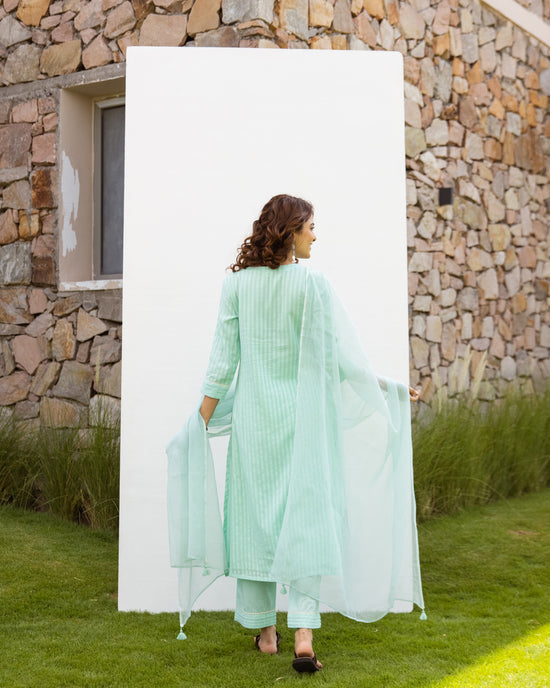 Mint Green Cotton Dobby Complete Suit Set For Women's