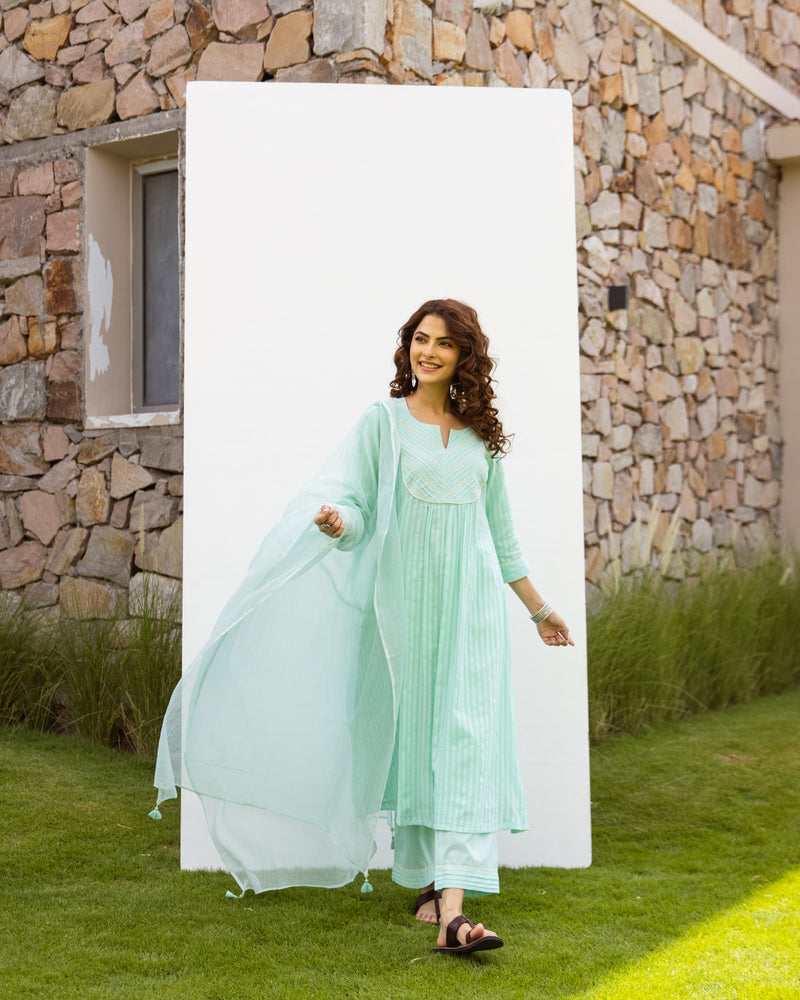 Mint Green Cotton Dobby Complete Suit Set For Women's