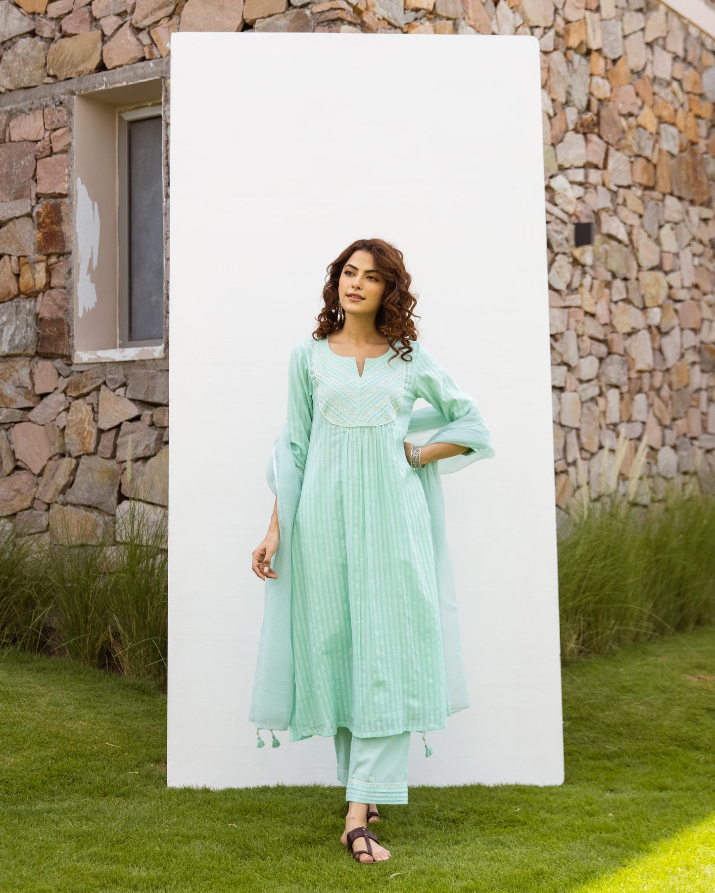 Mint Green Cotton Dobby Complete Suit Set For Women's
