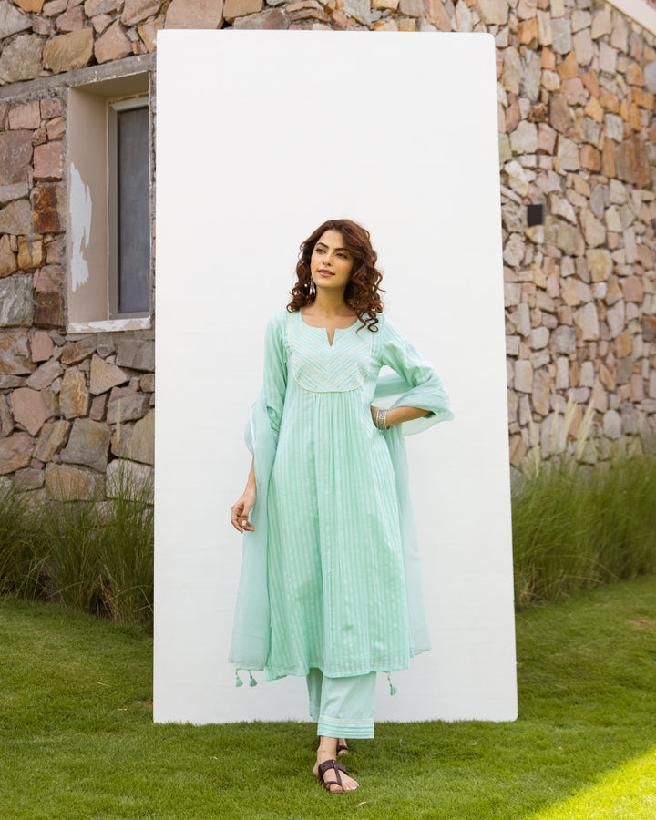 Mint Green Cotton Dobby Complete Suit Set For Women's