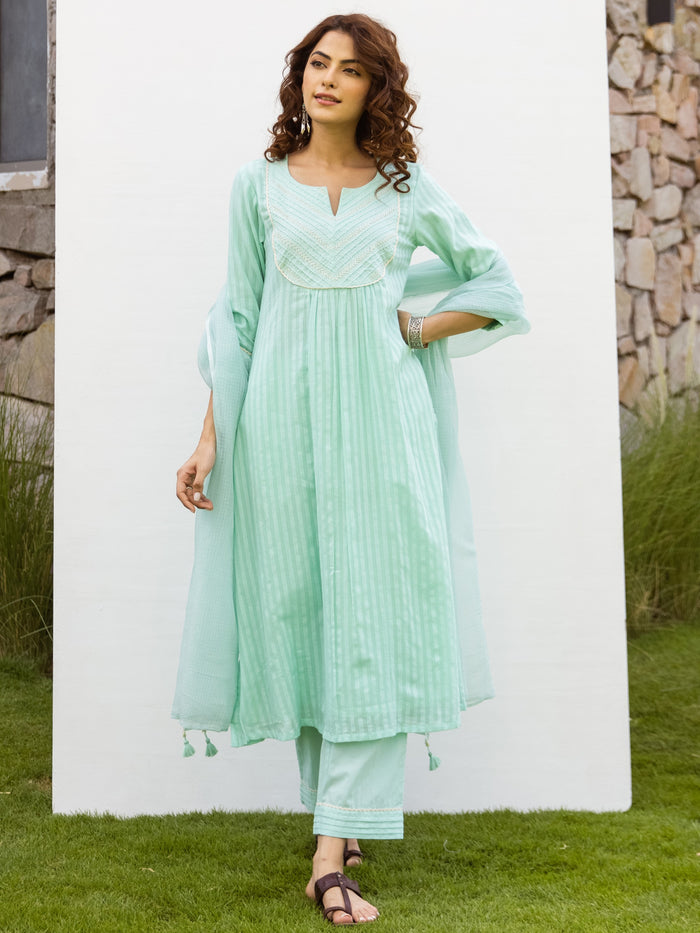 Mint Green Cotton Dobby Complete Suit Set For Women's
