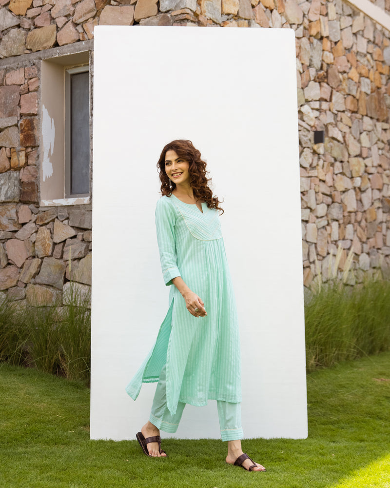 Mint Green Cotton Dobby Complete Suit Set For Women's