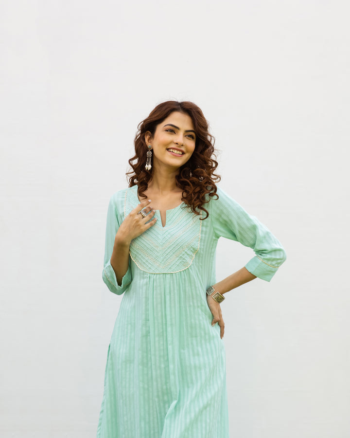 Mint Green Cotton Dobby Complete Suit Set For Women's