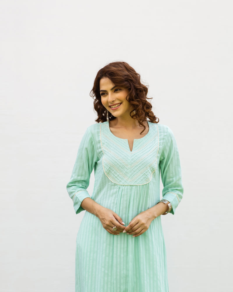 Mint Green Cotton Dobby Complete Suit Set For Women's