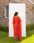 Cherry Red Kurta - Cotton Dobby Pant - Cotton - Handblock Printed Kota Doriya Dupatta For Women's