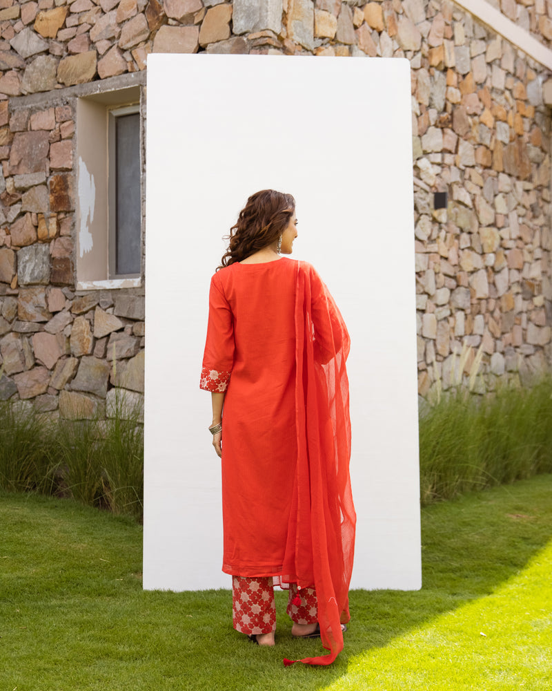 Cherry Red Kurta - Cotton Dobby Pant - Cotton - Handblock Printed Kota Doriya Dupatta For Women's