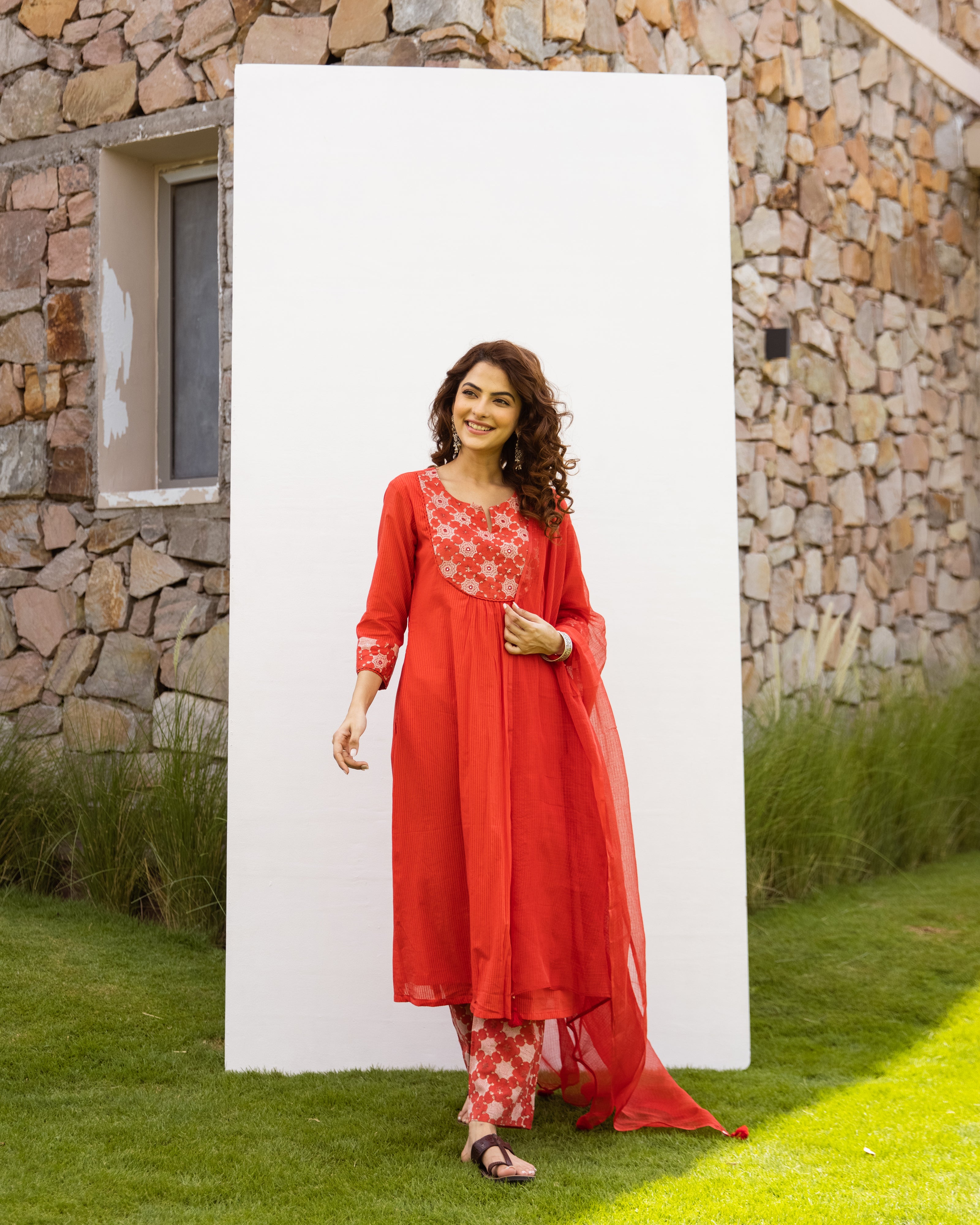 Cherry Red Kurta - Cotton Dobby Pant - Cotton - Handblock Printed Kota Doriya Dupatta For Women's