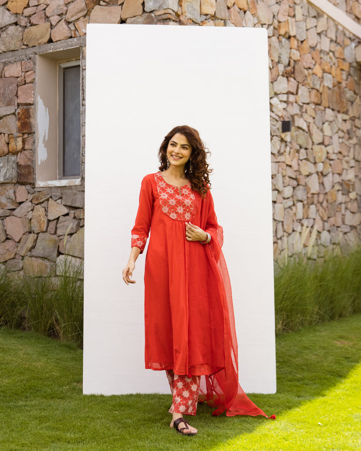 Cherry Red Kurta - Cotton Dobby Pant - Cotton - Handblock Printed Kota Doriya Dupatta For Women's