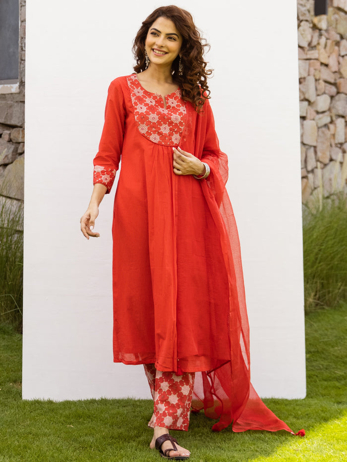 Cherry Red Kurta - Cotton Dobby Pant - Cotton - Handblock Printed Kota Doriya Dupatta For Women's