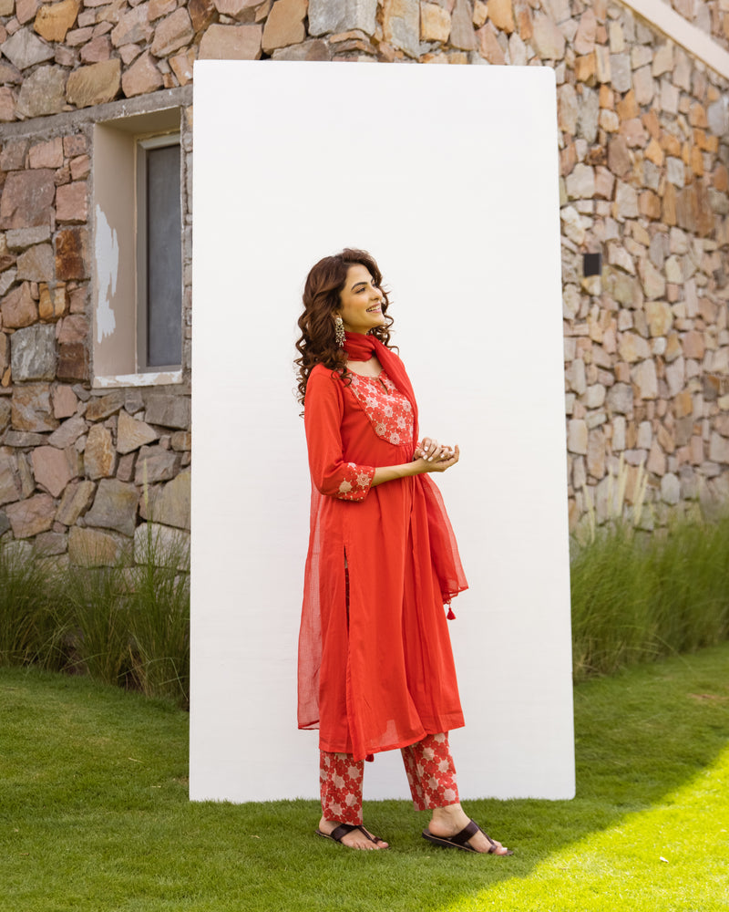 Cherry Red Kurta - Cotton Dobby Pant - Cotton - Handblock Printed Kota Doriya Dupatta For Women's
