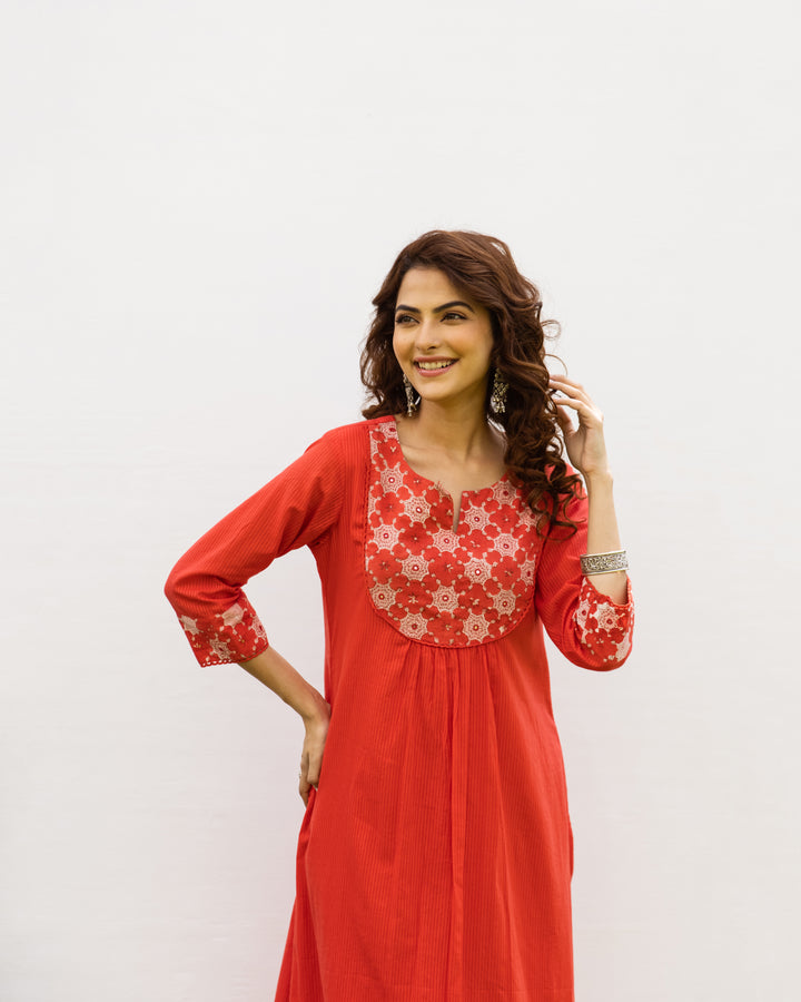Cherry Red Kurta - Cotton Dobby Pant - Cotton - Handblock Printed Kota Doriya Dupatta For Women's