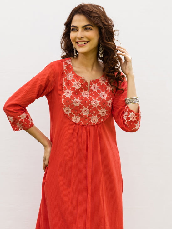 Cherry Red Kurta - Cotton Dobby Pant - Cotton - Handblock Printed Kota Doriya Dupatta For Women's