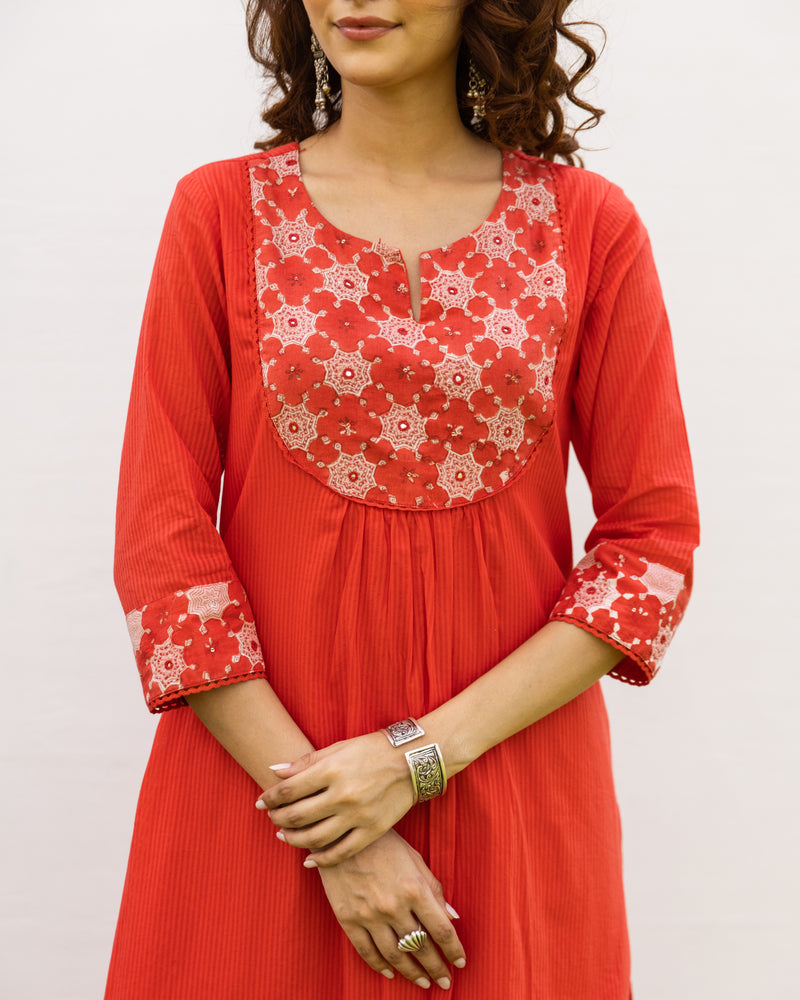 Cherry Red Kurta - Cotton Dobby Pant - Cotton - Handblock Printed Kota Doriya Dupatta For Women's