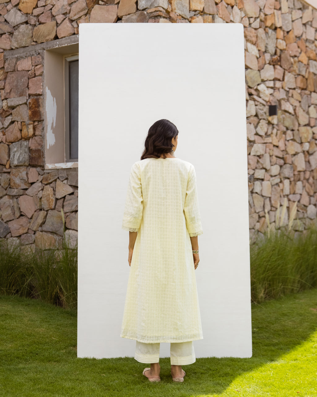 Lemon Yellow Cotton Dobby Complete Suit Set For Women's