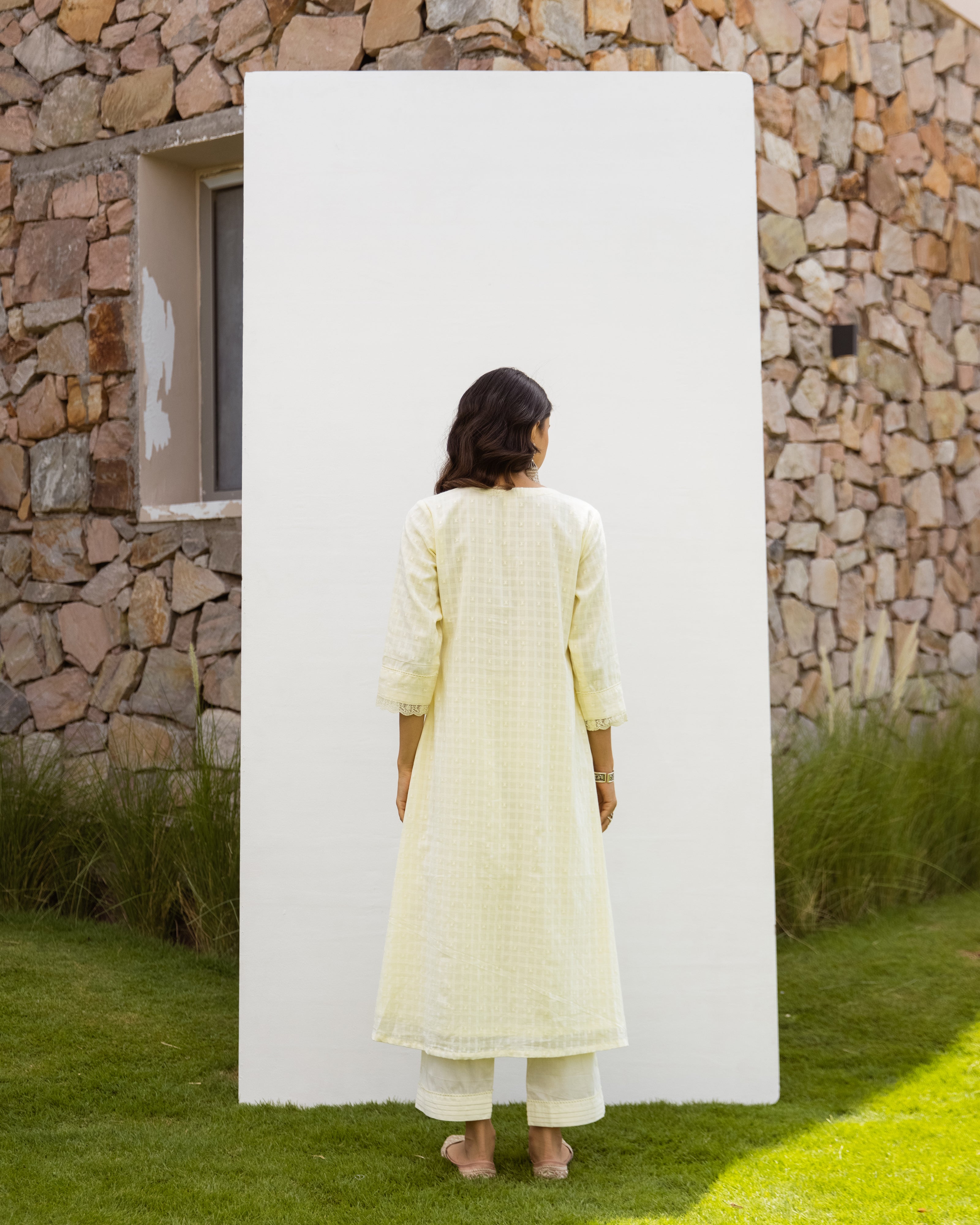 Lemon Yellow Cotton Dobby Complete Suit Set For Women's