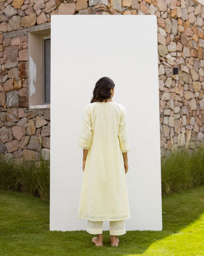 Lemon Yellow Cotton Dobby Complete Suit Set For Women's