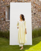 Lemon Yellow Cotton Dobby Complete Suit Set For Women's