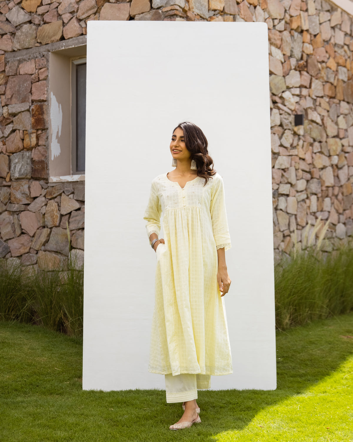 Lemon Yellow Cotton Dobby Complete Suit Set For Women's