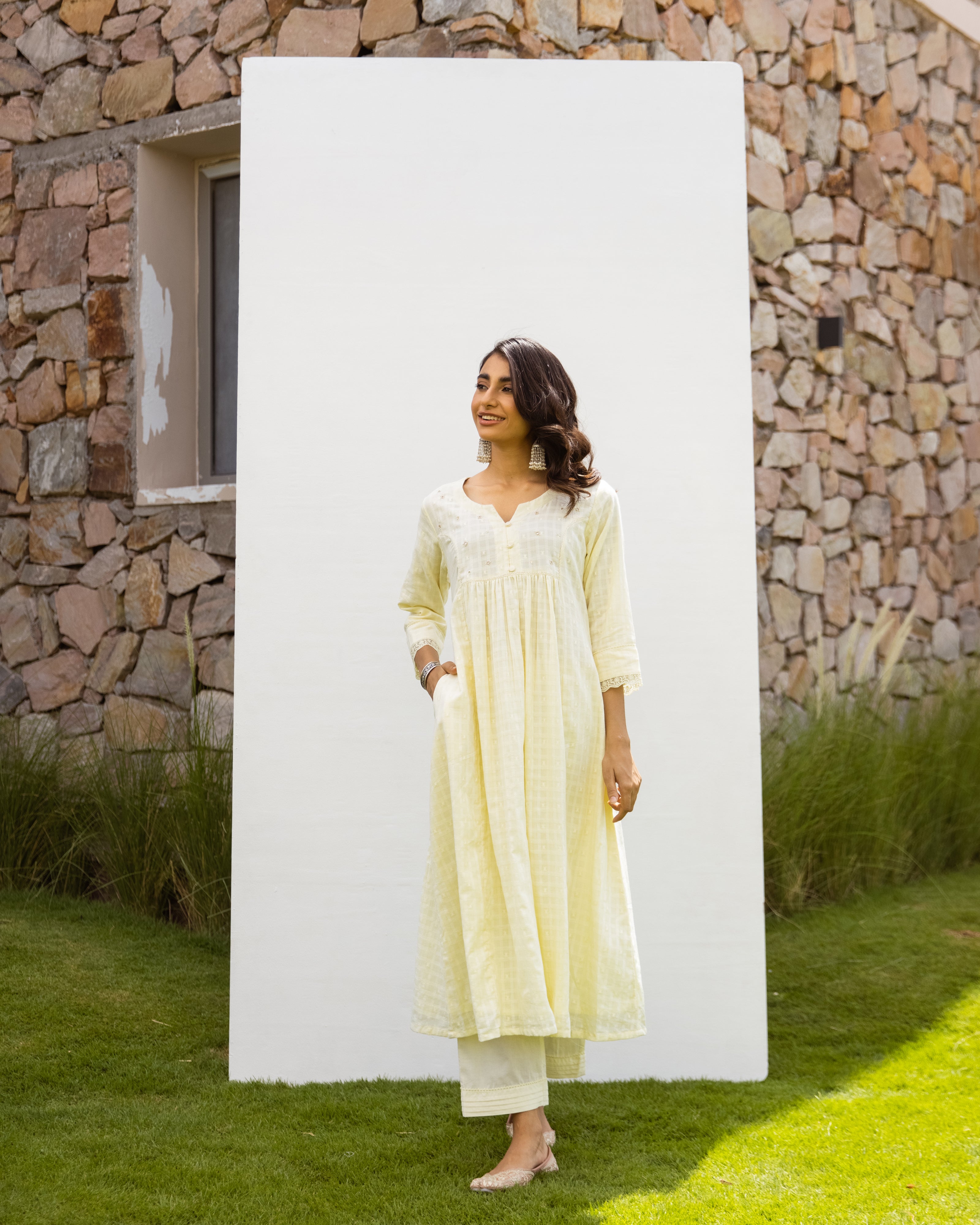 Lemon Yellow Cotton Dobby Complete Suit Set For Women's