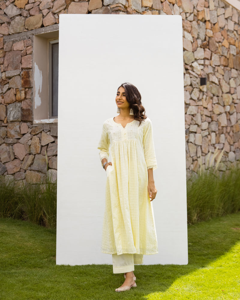 Lemon Yellow Cotton Dobby Complete Suit Set For Women's