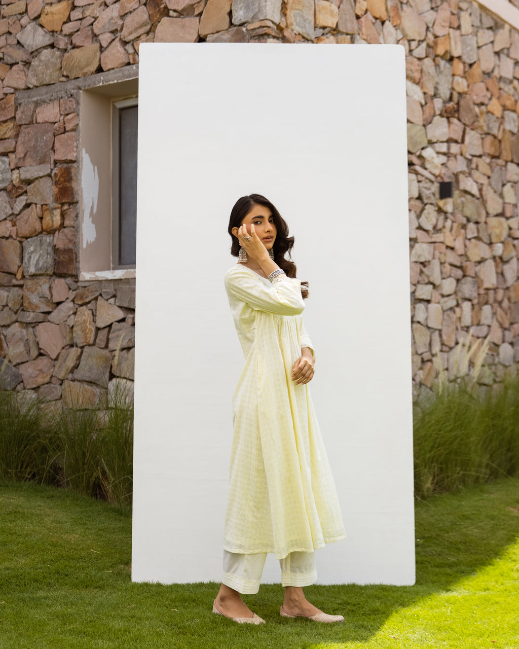 Lemon Yellow Cotton Dobby Complete Suit Set For Women's