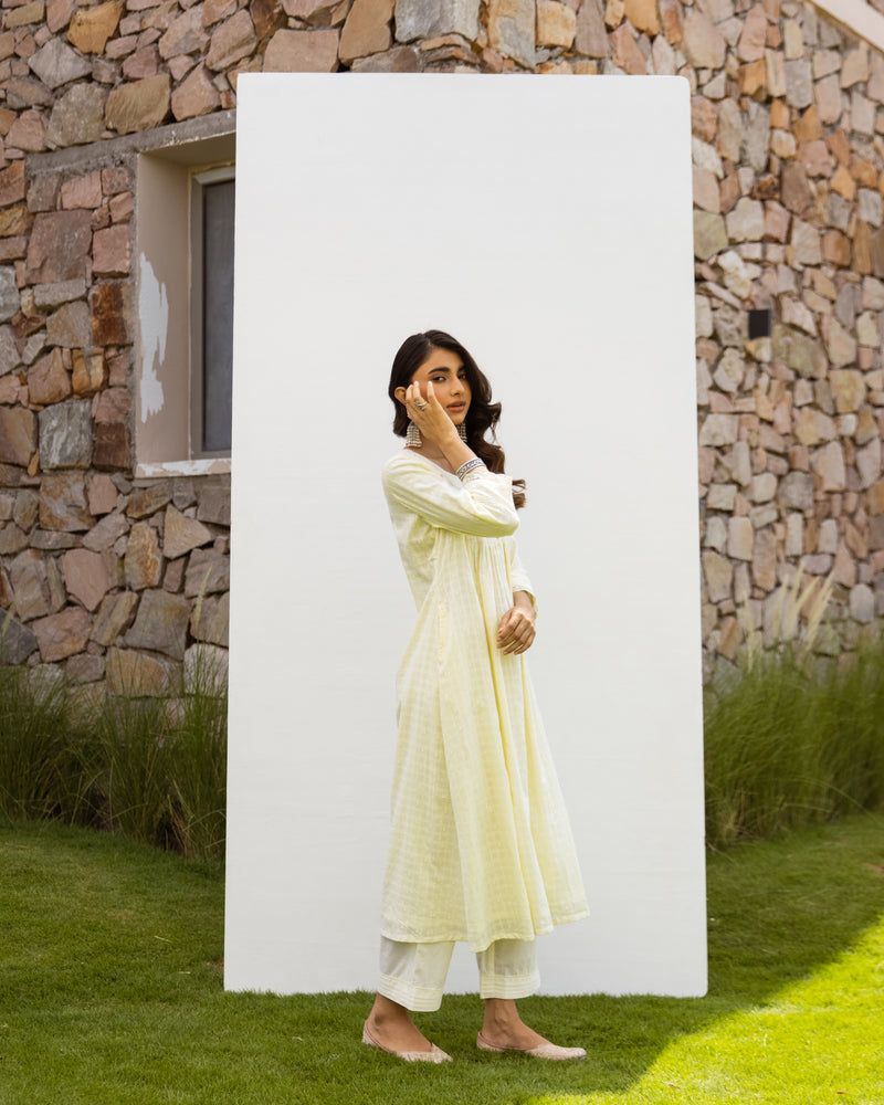 Lemon Yellow Cotton Dobby Complete Suit Set For Women's