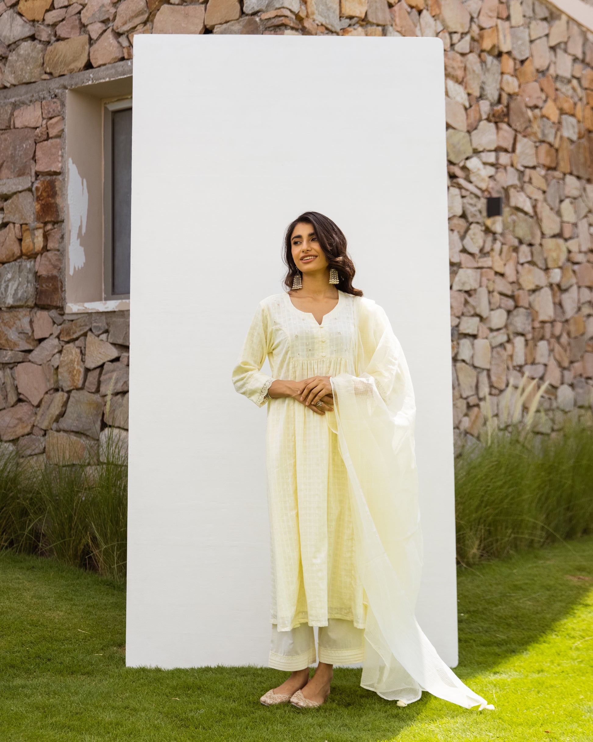 Lemon Yellow Cotton Dobby Complete Suit Set For Women's