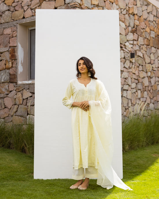 Lemon Yellow Cotton Dobby Complete Suit Set For Women's